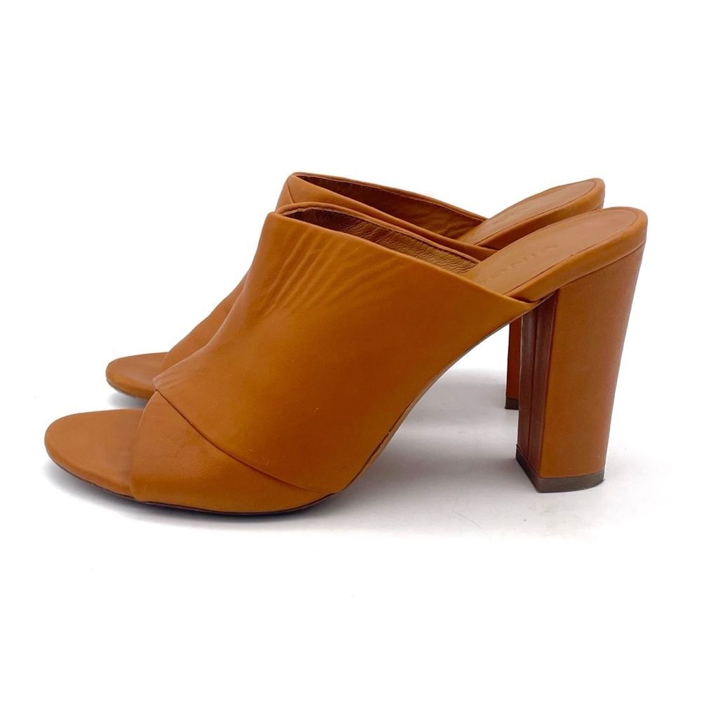 Vince Heath Leather Peep Toe High Block Heeled Mule Cognac Brown Women’s Size 8